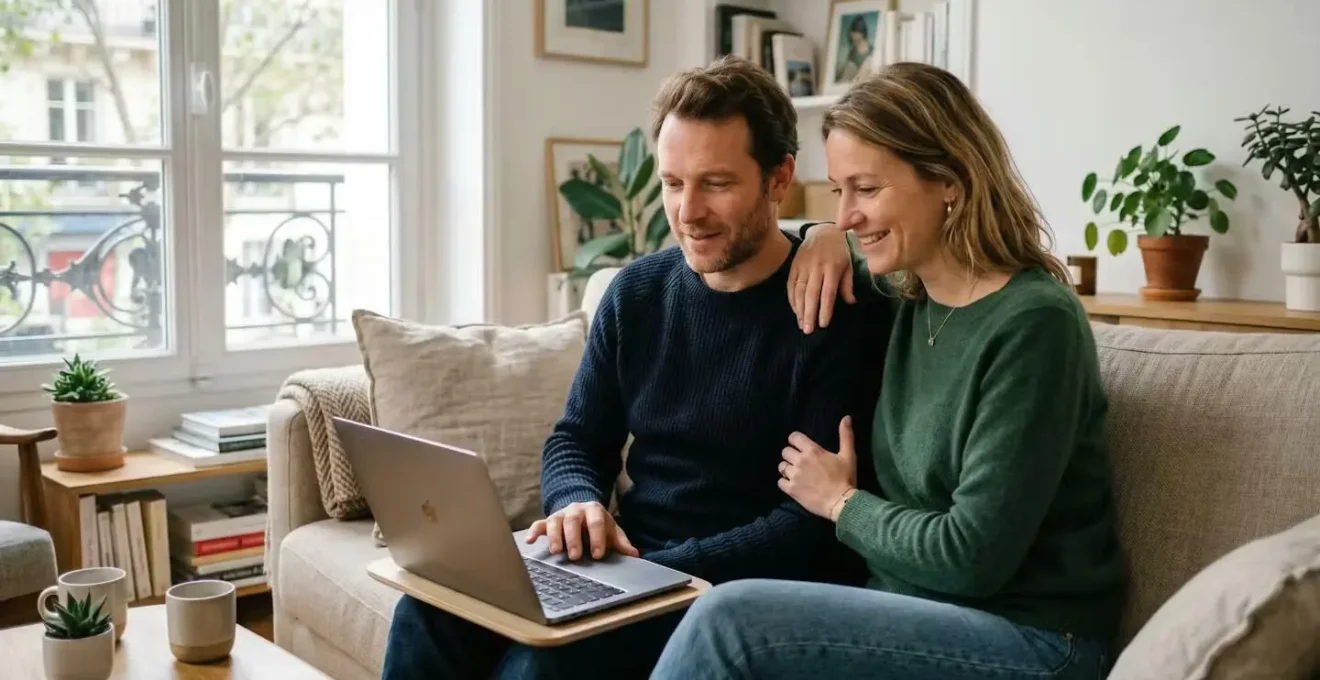 Couple français gérant sereinement leurs finances sur ordinateur portable dans leur salon