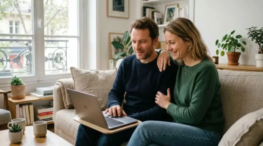 Couple français gérant sereinement leurs finances sur ordinateur portable dans leur salon