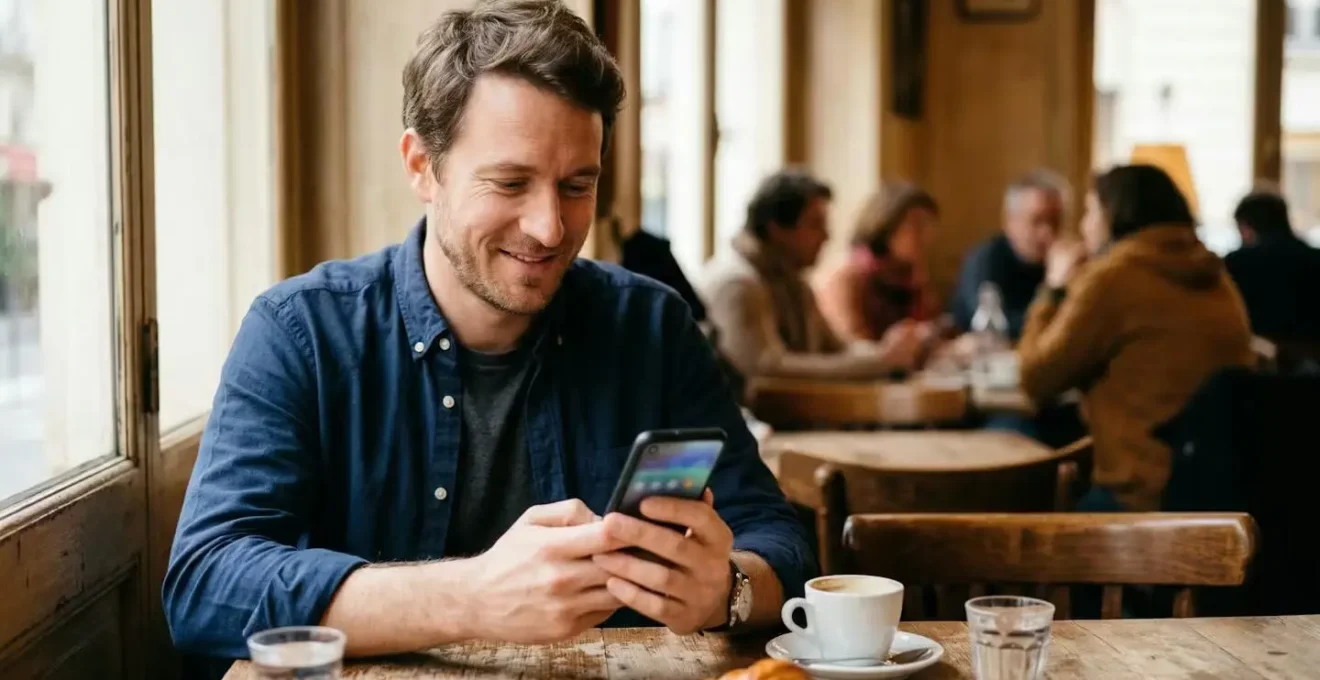 Homme consultant son application bancaire avec sérénité dans un café