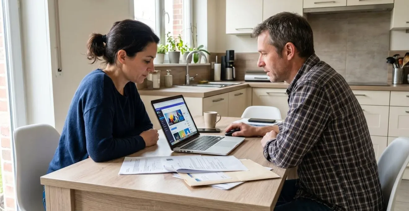 Un couple dans la quarantaine examine attentivement des documents financiers étalés sur une table de cuisine, lumière naturelle venant de la fenêtre, ambiance sérieuse mais sereine