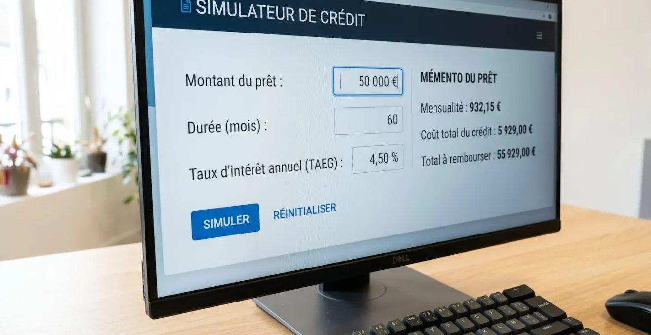Gros plan sur un écran d'ordinateur affichant un formulaire de simulation de crédit avec des champs de saisie pour le montant et la durée, interface web moderne et épurée