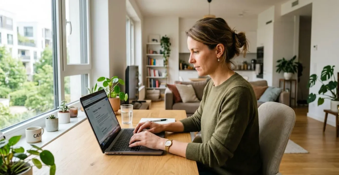 Une femme dans la trentaine consulte attentivement son ordinateur portable dans un salon lumineux, posture détendue et concentrée, lumière naturelle douce