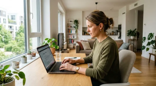 Une femme dans la trentaine consulte attentivement son ordinateur portable dans un salon lumineux, posture détendue et concentrée, lumière naturelle douce