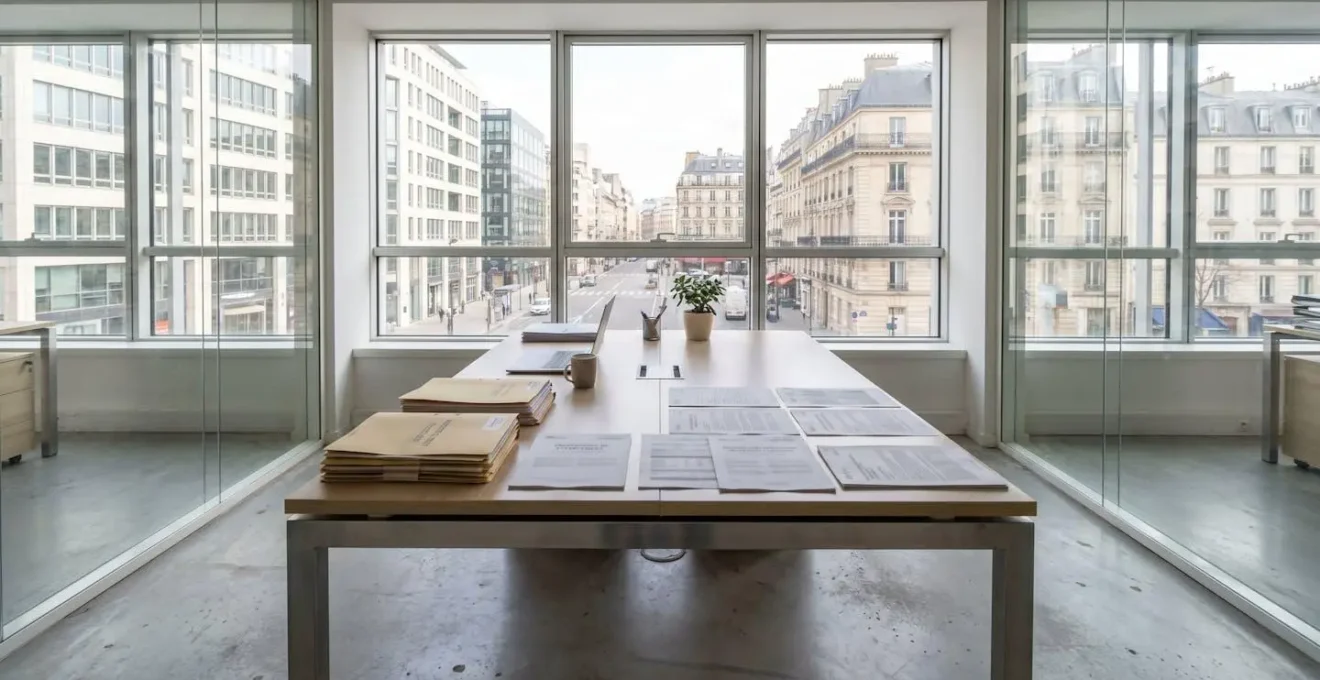 Bureau professionnel moderne avec plusieurs dossiers et documents de propositions bancaires organisés, éclairé par une lumière naturelle abondante, sans présence humaine au premier plan