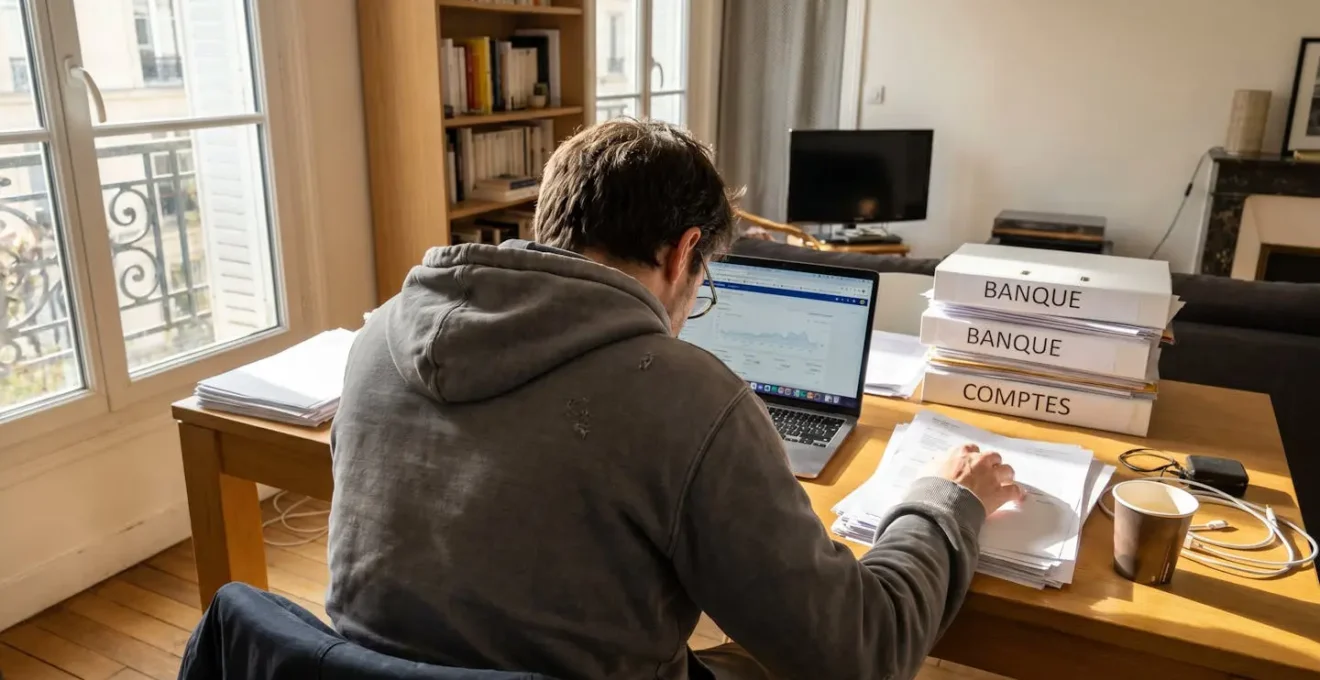 Une personne de dos consulte des relevés bancaires et des documents financiers sur un bureau contemporain éclairé par la lumière naturelle d
