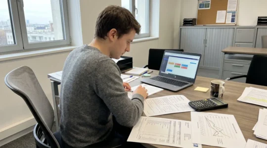 Une personne de dos consulte des relevés bancaires et des documents financiers sur un bureau contemporain éclairé par la lumière naturelle d