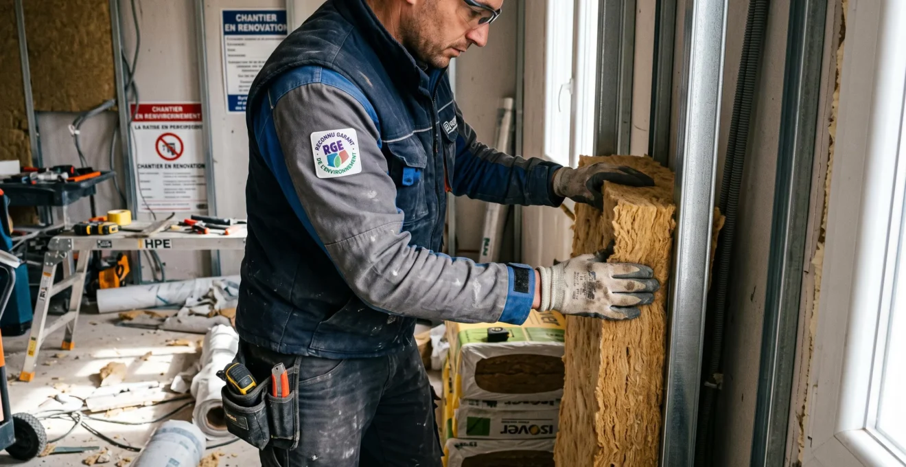 Artisan certifié RGE installant des panneaux d'isolation thermique sur les murs d'une maison en rénovation énergétique