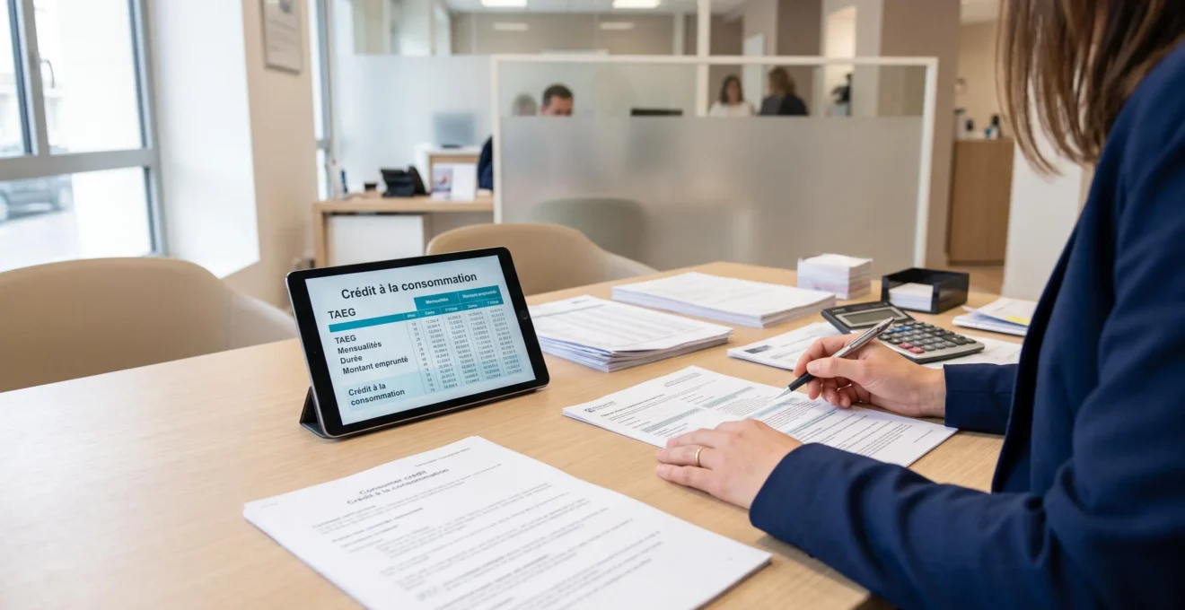Bureau de conseiller bancaire avec documents de crédit à la consommation, calculatrice professionnelle et tablette affichant un tableau d'amortissement en français dans un environnement lumineux et moderne