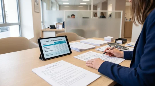 Bureau de conseiller bancaire avec documents de crédit à la consommation, calculatrice professionnelle et tablette affichant un tableau d'amortissement en français dans un environnement lumineux et moderne