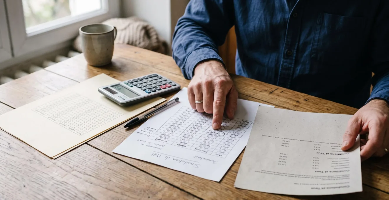 Mains d'une personne comparant trois documents d'offres de crédit différentes posés côte à côte sur une table en bois avec une calculatrice
