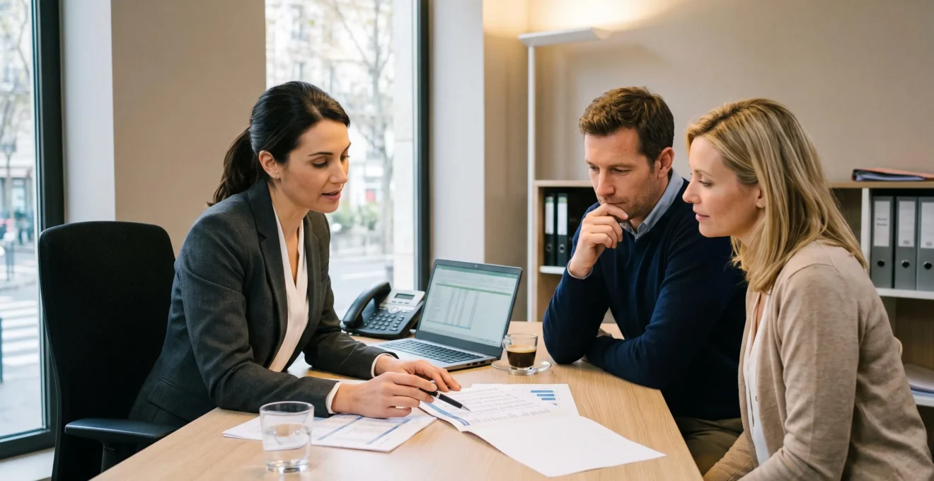 Conseiller financier rencontrant un couple dans une agence bancaire pour discuter d'un projet de rachat de crédit