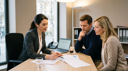 Conseiller financier rencontrant un couple dans une agence bancaire pour discuter d'un projet de rachat de crédit
