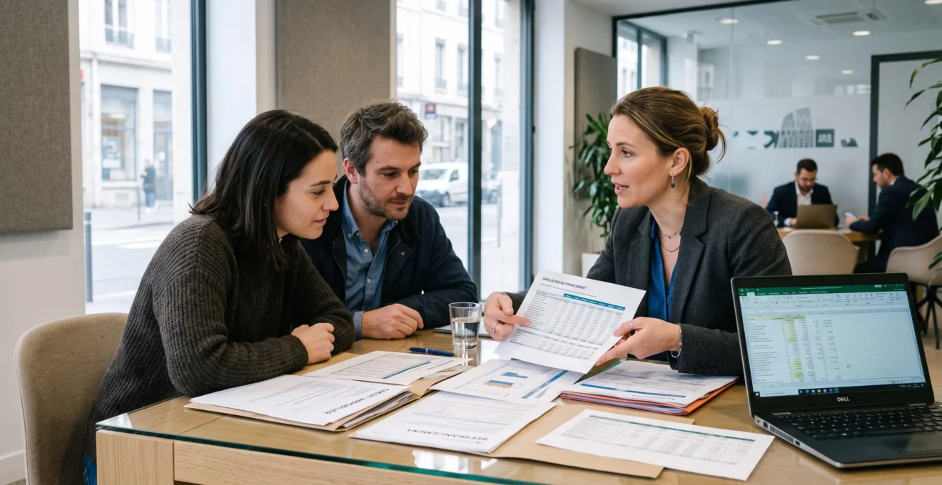 Une conseillère financière discute avec un couple d'emprunteurs autour d'une table avec plusieurs documents de crédit et un ordinateur portable dans un espace de conseil bancaire moderne