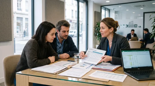 Une conseillère financière discute avec un couple d'emprunteurs autour d'une table avec plusieurs documents de crédit et un ordinateur portable dans un espace de conseil bancaire moderne