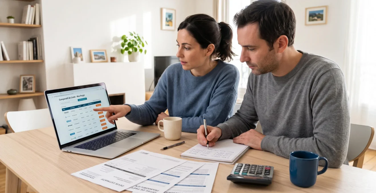 Couple français à domicile comparant des offres de crédit à la consommation sur ordinateur portable avec documents de devis et calculatrice sur la table