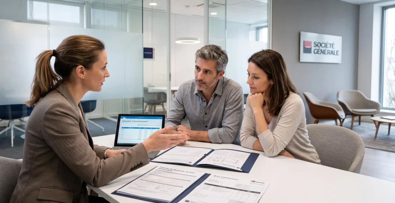 Couple de propriétaires consultant une conseillère bancaire dans une agence Société Générale moderne, dossier de prêt travaux et devis de rénovation ouverts sur la table