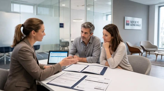 Couple de propriétaires consultant une conseillère bancaire dans une agence Société Générale moderne, dossier de prêt travaux et devis de rénovation ouverts sur la table