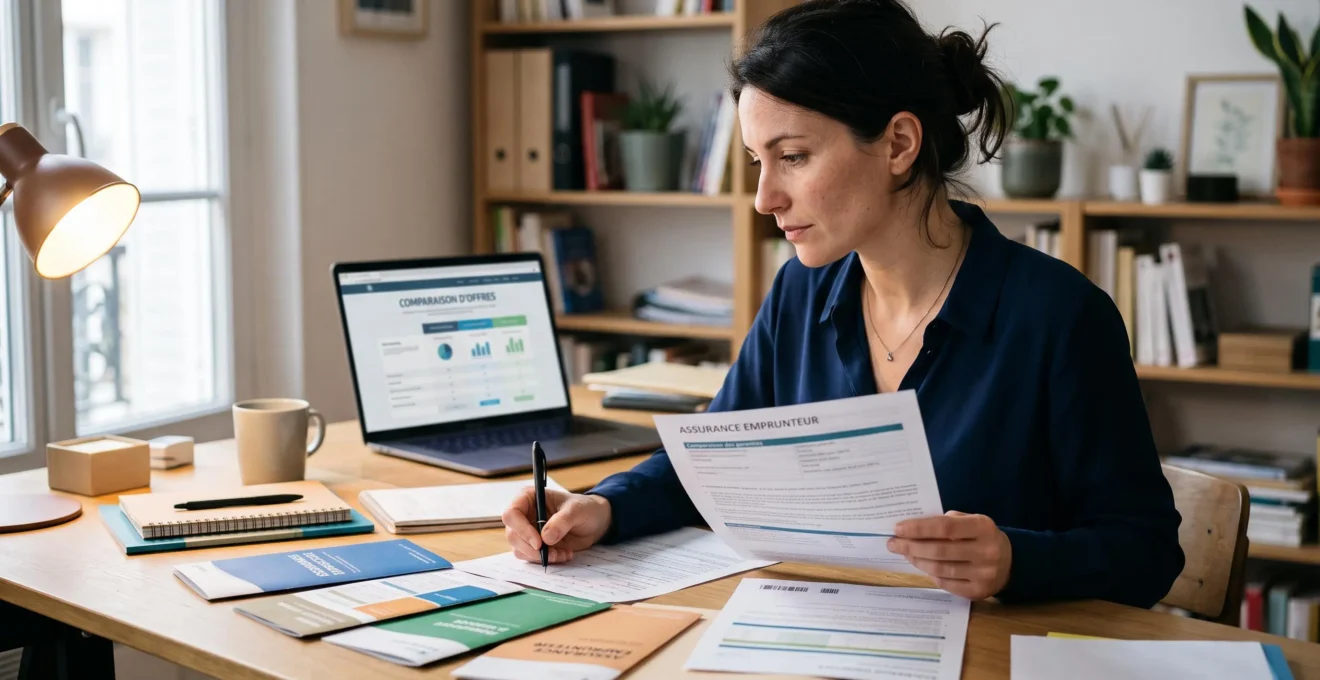 Une femme à son bureau à domicile compare plusieurs documents d'assurance emprunteur tout en prenant des notes avec un ordinateur ouvert en arrière-plan