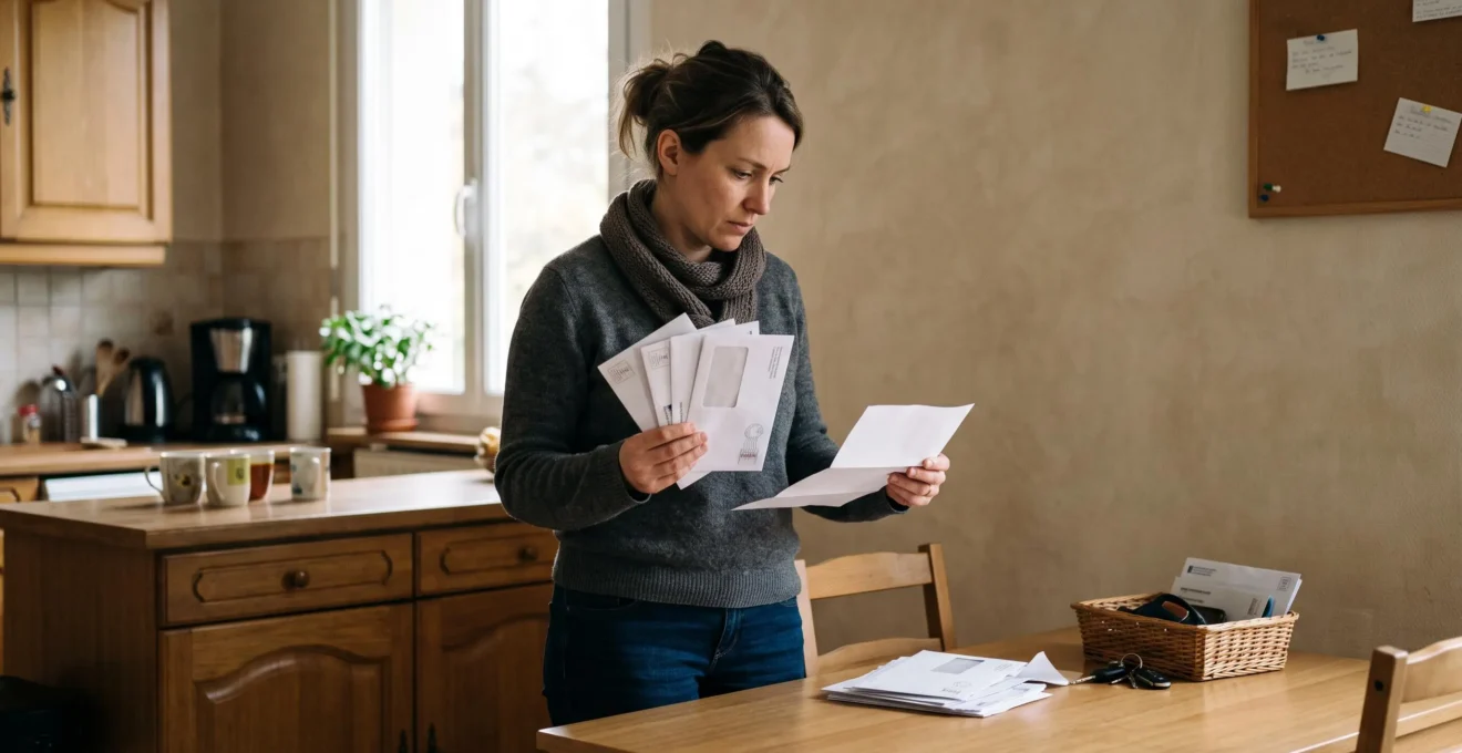 Une personne debout chez elle examine attentivement son courrier bancaire avec une expression concentrée