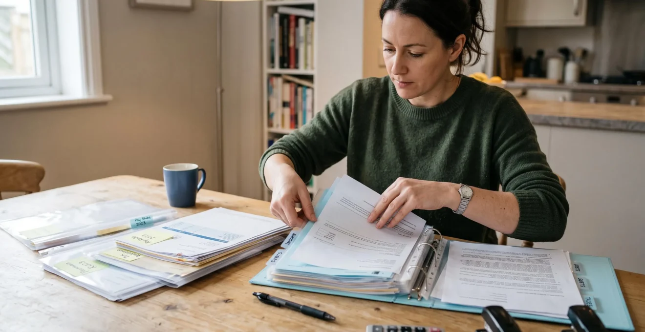 Une personne organise méthodiquement des documents financiers et administratifs dans des classeurs pour préparer un dossier de restructuration de prêt