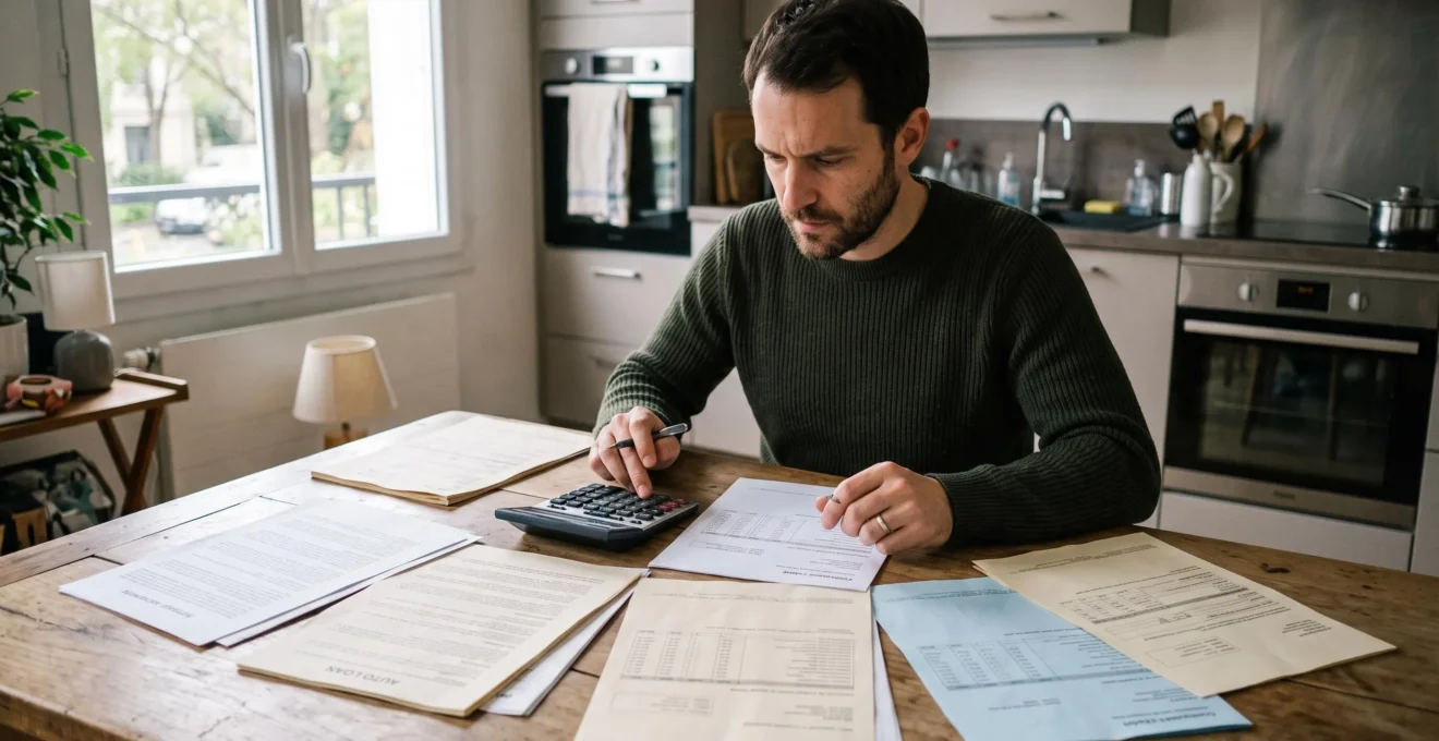 Un homme assis à sa table de cuisine examine plusieurs documents de crédits différents tout en utilisant une calculatrice pour évaluer une consolidation