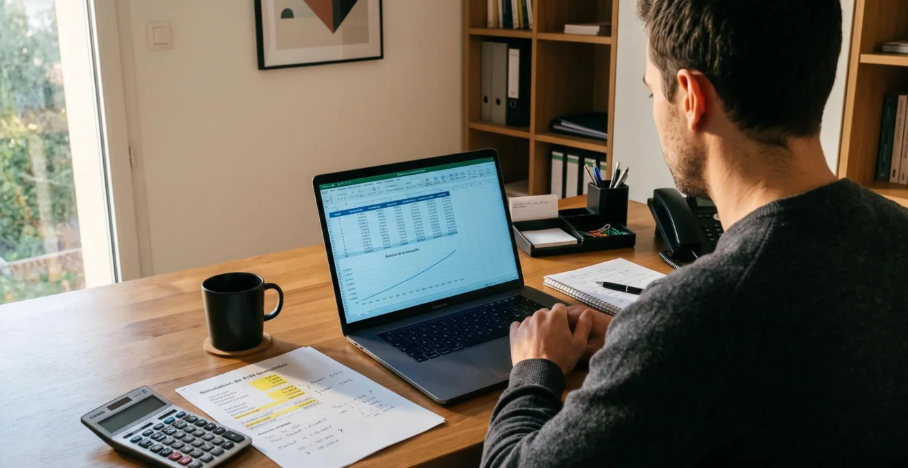 Vue par-dessus l'épaule d'une personne analysant sur ordinateur un tableau d'amortissement de rachat de crédit avec rallonge travaux, documents annotés et calculatrice sur le bureau